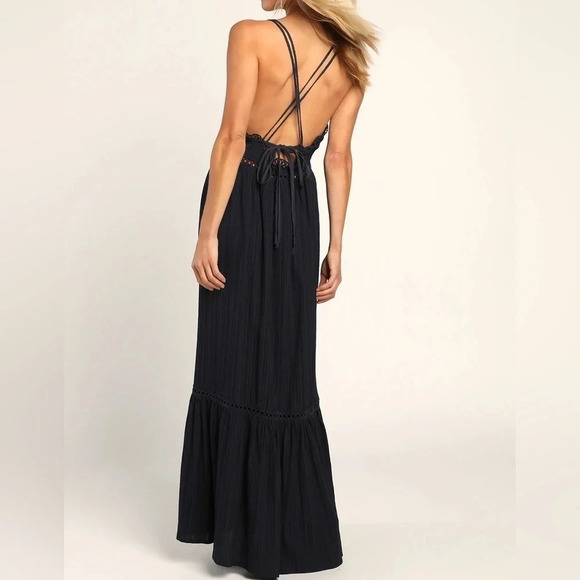 Lulus Dress Womens XS Navy Relaxed Vibes Strappy Lace Beachy Boho Coastal Maxi - Picture 5 of 15